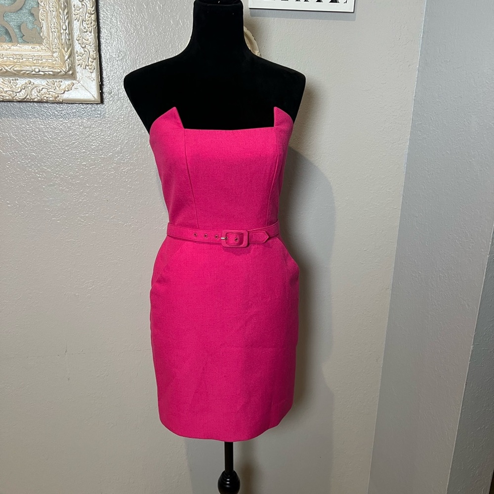 Victor Costa Vibrant Pink Strapless Sheath Dress with Belt - Picture 5 of 12